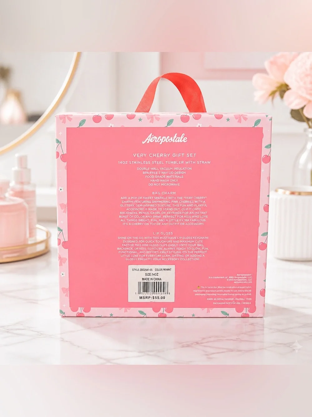 Aeropostale Pink Cherry 14oz Tumbler Gift Set with Lip Gloss & Charms